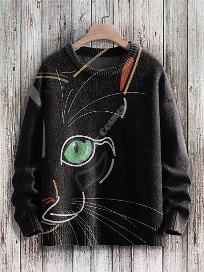 Ziemassvētku Ziemassvētku vecītis kaķis dzīvnieks krāsains tetovējums retro 3Dprint Smieklīgs Ziemassvētku neglīts trikotāžas džemperis Harajuku gadījuma raksturs ar garām piedurknēm X12