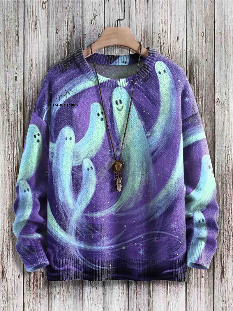 Ziemassvētku Ziemassvētku vecītis kaķis dzīvnieks krāsains tetovējums retro 3Dprint Smieklīgs Ziemassvētku neglīts trikotāžas džemperis Harajuku gadījuma raksturs ar garām piedurknēm X12