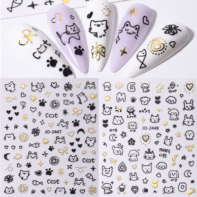 2Pcs Crtani slatka mačka Naljepnice za nokte djetinjaste Holografske Ljubavno Srce Bronzing Star Klizači Srebrni Krom Nail Art Manikurni Dekor