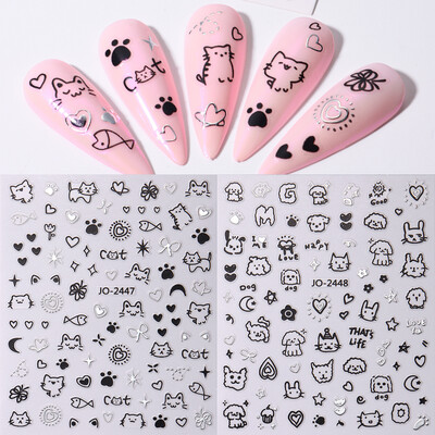 2Pcs Crtani slatka mačka Naljepnice za nokte djetinjaste Holografske Ljubavno Srce Bronzing Star Klizači Srebrni Krom Nail Art Manikurni Dekor