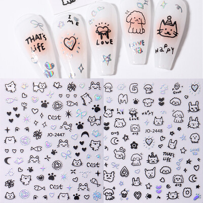 2Pcs Crtani slatka mačka Naljepnice za nokte djetinjaste Holografske Ljubavno Srce Bronzing Star Klizači Srebrni Krom Nail Art Manikurni Dekor