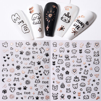 2Pcs Crtani slatka mačka Naljepnice za nokte djetinjaste Holografske Ljubavno Srce Bronzing Star Klizači Srebrni Krom Nail Art Manikurni Dekor