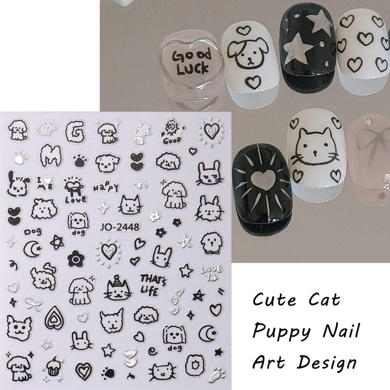 2Pcs Crtani slatka mačka Naljepnice za nokte djetinjaste Holografske Ljubavno Srce Bronzing Star Klizači Srebrni Krom Nail Art Manikurni Dekor