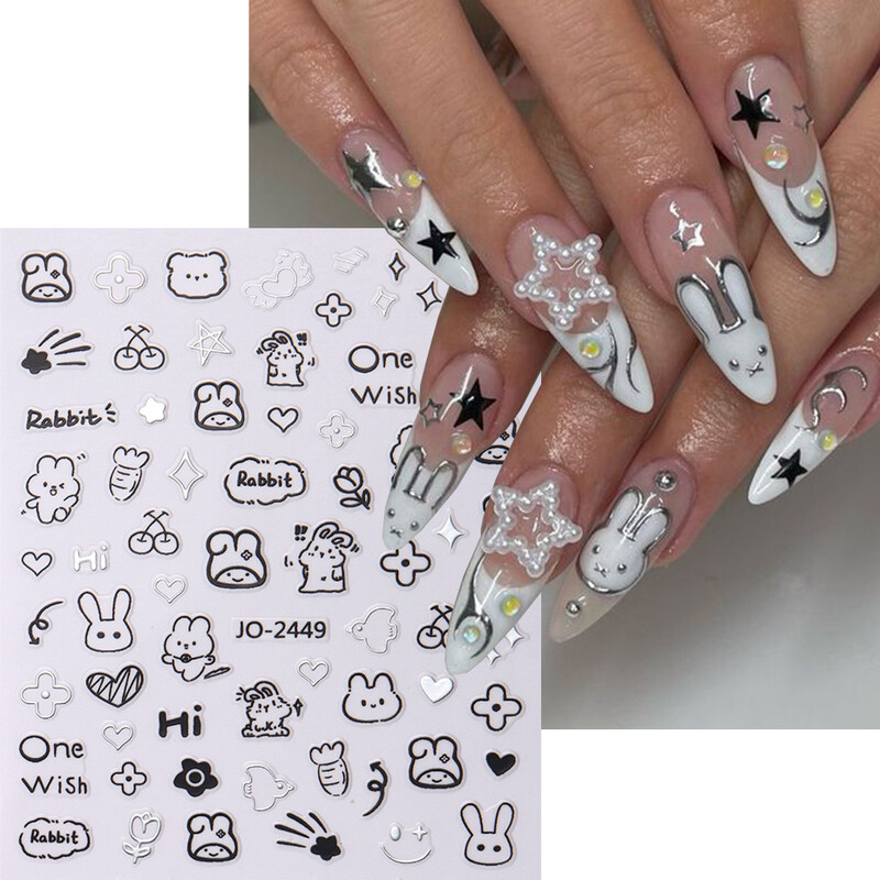 2Pcs Crtani slatka mačka Naljepnice za nokte djetinjaste Holografske Ljubavno Srce Bronzing Star Klizači Srebrni Krom Nail Art Manikurni Dekor