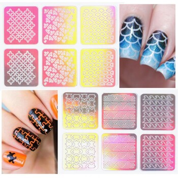 24Pcs/Σετ Πρότυπο νυχιών Διάφορα μοτίβα Nail Art Making Nail Vinyls Ακανόνιστο πλέγμα στένσιλ βερνίκι για γυναίκες