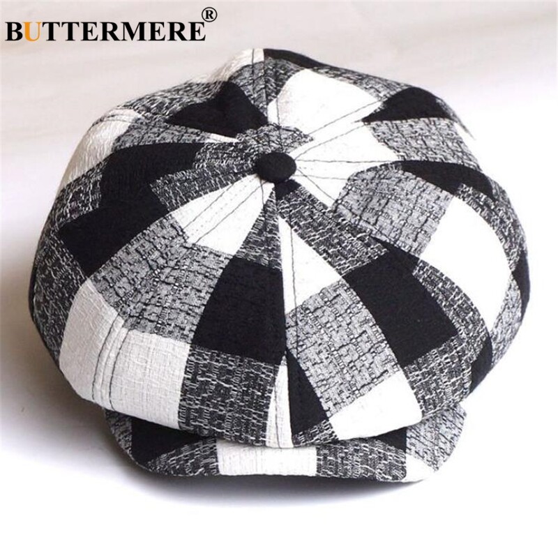 BUTERMERE Newsboy sapka férfi női len, nyolcszögletű sapka Brit fekete fehér kockás svájcisapka tavaszi nyár férfi női lapos sapka