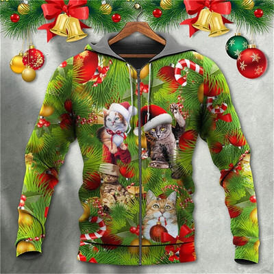 Τρισδιάστατο Χριστουγεννιάτικο Φεστιβάλ Ανδρικά Φούτερ με φερμουάρ Μόδα Ρούχα Άγιου Βασίλη Ανδρικά ρούχα Υπερμεγέθη Τοπ μακρυμάνικο φούτερ y2k