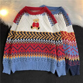 Casual Couple Christmas Celebration πουλόβερ Φθινόπωρο Χειμώνας με στρογγυλή λαιμόκοψη αρκουδάκι Κέντημα μακρυμάνικο πλεκτό μπουφάν για άνδρες