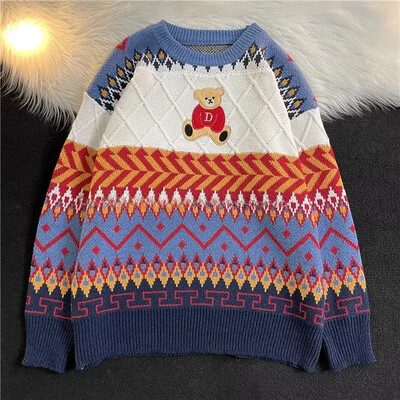 Casual Couple Christmas Celebration πουλόβερ Φθινόπωρο Χειμώνας με στρογγυλή λαιμόκοψη αρκουδάκι Κέντημα μακρυμάνικο πλεκτό μπουφάν για άνδρες