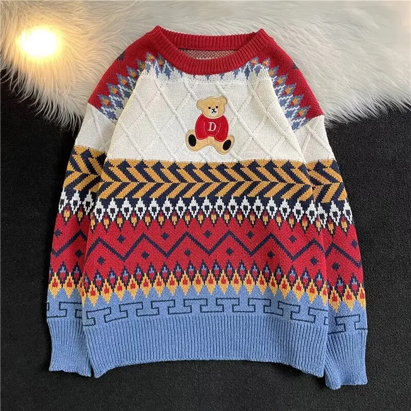 Casual Couple Christmas Celebration πουλόβερ Φθινόπωρο Χειμώνας με στρογγυλή λαιμόκοψη αρκουδάκι Κέντημα μακρυμάνικο πλεκτό μπουφάν για άνδρες