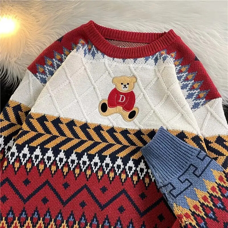 Casual Couple Christmas Celebration πουλόβερ Φθινόπωρο Χειμώνας με στρογγυλή λαιμόκοψη αρκουδάκι Κέντημα μακρυμάνικο πλεκτό μπουφάν για άνδρες