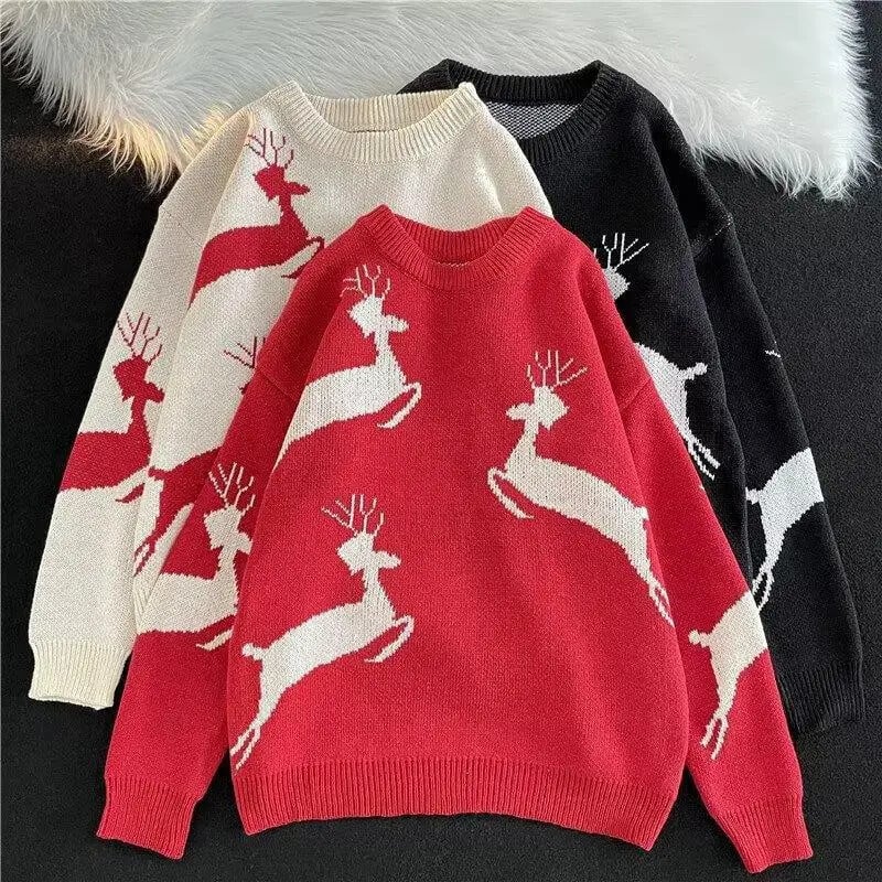 Rudens/žiemos korėjietiško stiliaus laisvo prigludimo kalėdinis elnio megztinis megztinis vyrams, moteriškas, laisvalaikio megztas viršutinis kakliukas