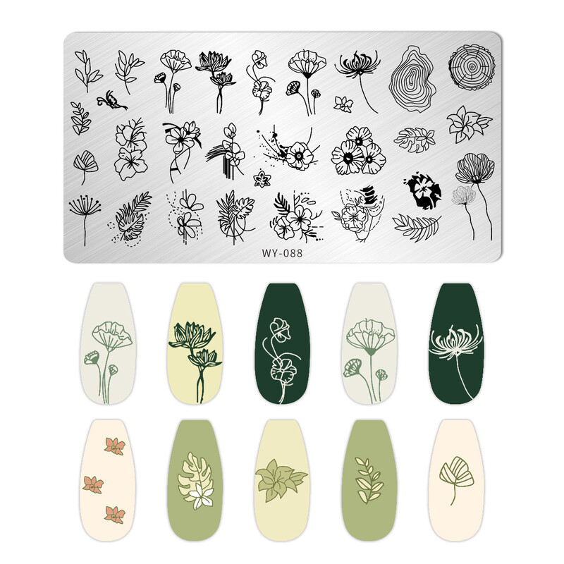 Lapų gėlių juostelių dizaino štampavimo plokštelės Abstrakčios moters veido marmuro žydinčių nagų antspaudų šablonai lapų gėlių spausdinimo trafaretas