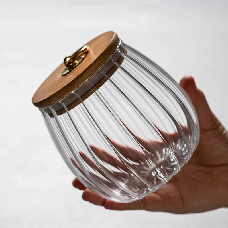 Maisto konteineris Virtuvė laikymo buteliai Medinis dangtelis Indelis Stiklinis Žiedlapis Forma Sandariai Grūdeliai Arbata Kavos Pupelės Saldainiai Garrafa Hermetiška skardinė