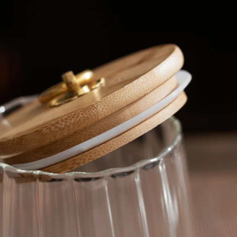 Maisto konteineris Virtuvė laikymo buteliai Medinis dangtelis Indelis Stiklinis Žiedlapis Forma Sandariai Grūdeliai Arbata Kavos Pupelės Saldainiai Garrafa Hermetiška skardinė