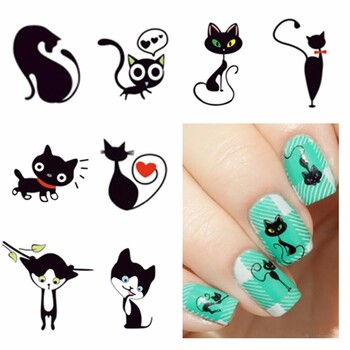 1 лист 12 вида дизайни DIY Transfer Nails Art Sticker Черна котка Patterns Nail Wraps Decal Watermark Finger Nails Decals