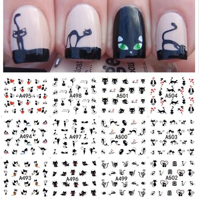 1 list 12 tipova dizajna DIY Transfer Naljepnica za nokte Crna mačka Uzorci Naljepnice za nokte Vodeni žig Naljepnice za nokte