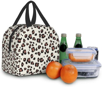 Μπεζ με Leopard Lunch Bag Επαναχρησιμοποιήσιμο κουτί μεσημεριανού γεύματος Αδιάβροχη θερμική τσάντα τσάντα για μεσημεριανό κουτί Χαριτωμένη τσάντα ψυγείου για γυναίκες άνδρες