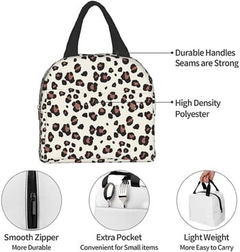 Μπεζ με Leopard Lunch Bag Επαναχρησιμοποιήσιμο κουτί μεσημεριανού γεύματος Αδιάβροχη θερμική τσάντα τσάντα για μεσημεριανό κουτί Χαριτωμένη τσάντα ψυγείου για γυναίκες άνδρες