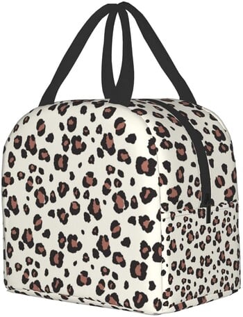 Μπεζ με Leopard Lunch Bag Επαναχρησιμοποιήσιμο κουτί μεσημεριανού γεύματος Αδιάβροχη θερμική τσάντα τσάντα για μεσημεριανό κουτί Χαριτωμένη τσάντα ψυγείου για γυναίκες άνδρες