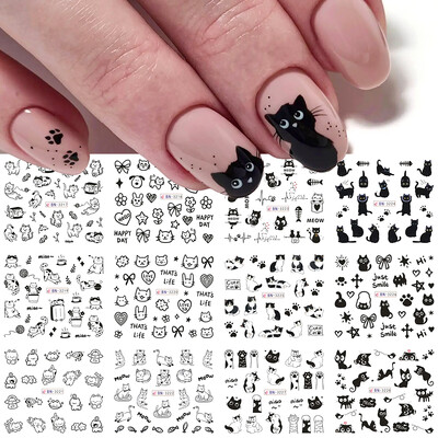 12 σχέδια Αυτοκόλλητα με νερό για νύχια μαύρης γάτας Cute Kawaii Cartoon Nail Art Αυτοκόλλητα υδατογράφημα μεταφοράς Sliders Διακοσμήσεις μανικιούρ