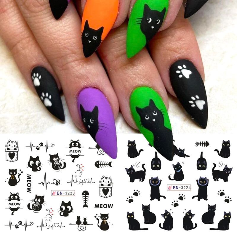 12 σχέδια Αυτοκόλλητα με νερό για νύχια μαύρης γάτας Cute Kawaii Cartoon Nail Art Αυτοκόλλητα υδατογράφημα μεταφοράς Sliders Διακοσμήσεις μανικιούρ