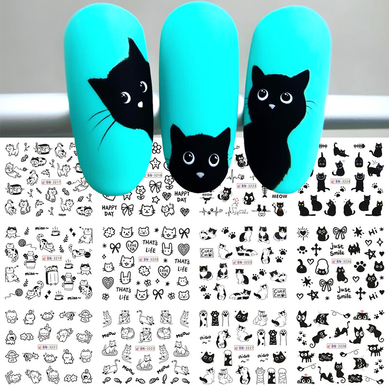12 σχέδια Αυτοκόλλητα με νερό για νύχια μαύρης γάτας Cute Kawaii Cartoon Nail Art Αυτοκόλλητα υδατογράφημα μεταφοράς Sliders Διακοσμήσεις μανικιούρ