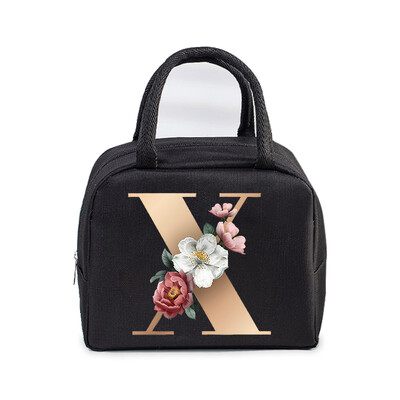 Golden Flower 26 Alphabet Print Τσάντα μεσημεριανού γεύματος Ανδρικά και γυναικεία Rose Graphics Bento Thermal Handbags Thickened Insulation Lunch Box Bag