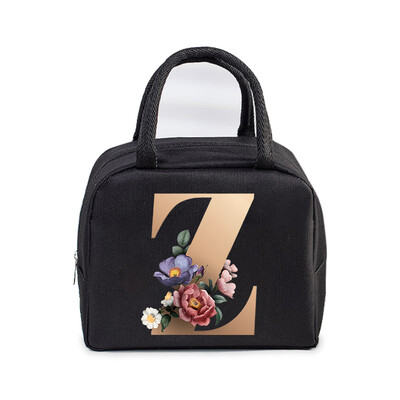 Golden Flower 26 Alphabet Print Τσάντα μεσημεριανού γεύματος Ανδρικά και γυναικεία Rose Graphics Bento Thermal Handbags Thickened Insulation Lunch Box Bag