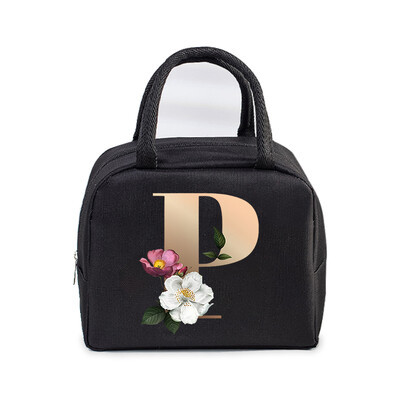 Golden Flower 26 Alphabet Print Τσάντα μεσημεριανού γεύματος Ανδρικά και γυναικεία Rose Graphics Bento Thermal Handbags Thickened Insulation Lunch Box Bag