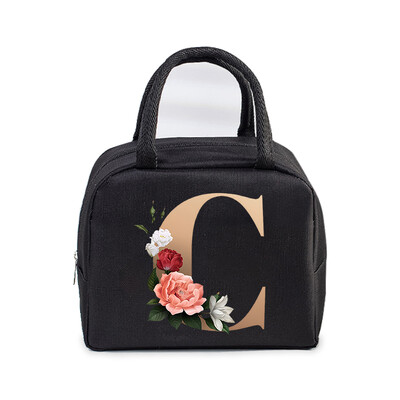 Golden Flower 26 Alphabet Print Τσάντα μεσημεριανού γεύματος Ανδρικά και γυναικεία Rose Graphics Bento Thermal Handbags Thickened Insulation Lunch Box Bag