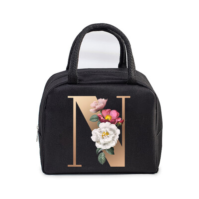 Golden Flower 26 Alphabet Print Τσάντα μεσημεριανού γεύματος Ανδρικά και γυναικεία Rose Graphics Bento Thermal Handbags Thickened Insulation Lunch Box Bag