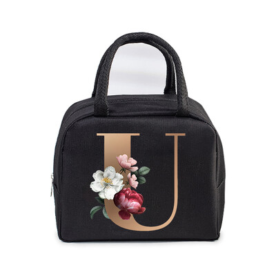 Golden Flower 26 Alphabet Print Τσάντα μεσημεριανού γεύματος Ανδρικά και γυναικεία Rose Graphics Bento Thermal Handbags Thickened Insulation Lunch Box Bag
