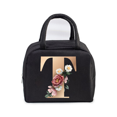 Golden Flower 26 Alphabet Print Τσάντα μεσημεριανού γεύματος Ανδρικά και γυναικεία Rose Graphics Bento Thermal Handbags Thickened Insulation Lunch Box Bag