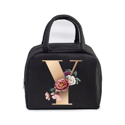 Golden Flower 26 Alphabet Print Τσάντα μεσημεριανού γεύματος Ανδρικά και γυναικεία Rose Graphics Bento Thermal Handbags Thickened Insulation Lunch Box Bag
