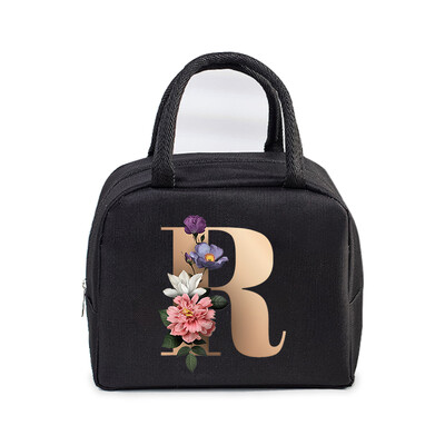 Golden Flower 26 Alphabet Print Τσάντα μεσημεριανού γεύματος Ανδρικά και γυναικεία Rose Graphics Bento Thermal Handbags Thickened Insulation Lunch Box Bag
