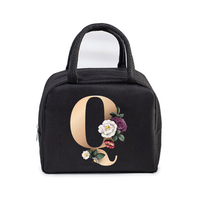Golden Flower 26 Alphabet Print Τσάντα μεσημεριανού γεύματος Ανδρικά και γυναικεία Rose Graphics Bento Thermal Handbags Thickened Insulation Lunch Box Bag