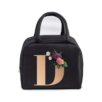 Golden Flower 26 Alphabet Print Τσάντα μεσημεριανού γεύματος Ανδρικά και γυναικεία Rose Graphics Bento Thermal Handbags Thickened Insulation Lunch Box Bag