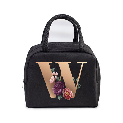 Golden Flower 26 Alphabet Print Τσάντα μεσημεριανού γεύματος Ανδρικά και γυναικεία Rose Graphics Bento Thermal Handbags Thickened Insulation Lunch Box Bag