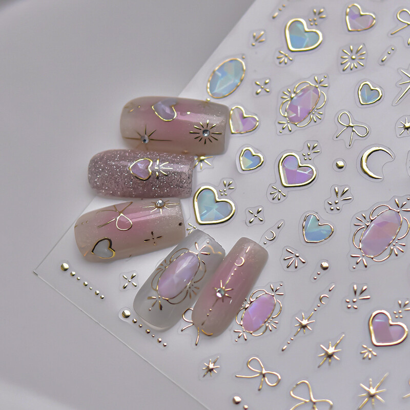 1 buc. Autocolante 5D Shell Light pentru unghii Fashion Gold Border Love Heart Bowknot Moon Star Art Decal Decorații de manichiură de înaltă calitate