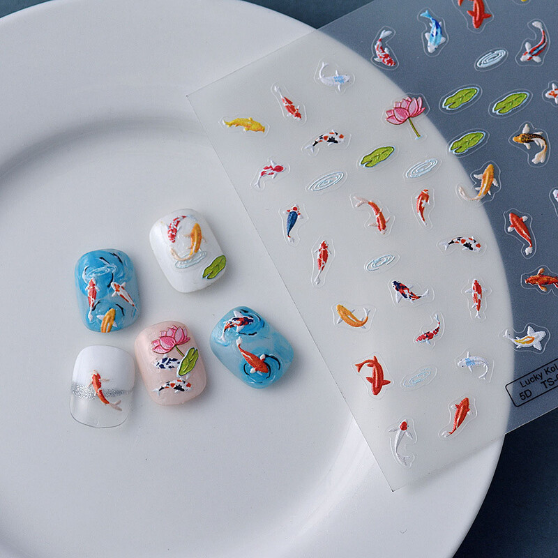Αυτοκόλλητο 5D Koi Carp Nail Green Lotus Kawaii Red Carp Slider νυχιών για ανακούφιση μανικιούρ DIY ακρυλικά νύχια Αξεσουάρ ψαριού Decal