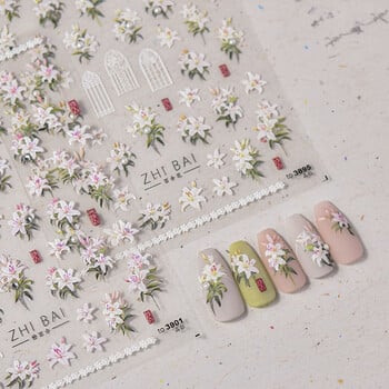 5D αυτοκόλλητα Kawaii Lily Nail Art 1 τμχ Γιαπωνέζικο ροζ λευκό λουλούδι με αυτοκόλλητο διαμάντι Διακοσμητικά νυχιών Slider Αυτοκόλλητα DIY