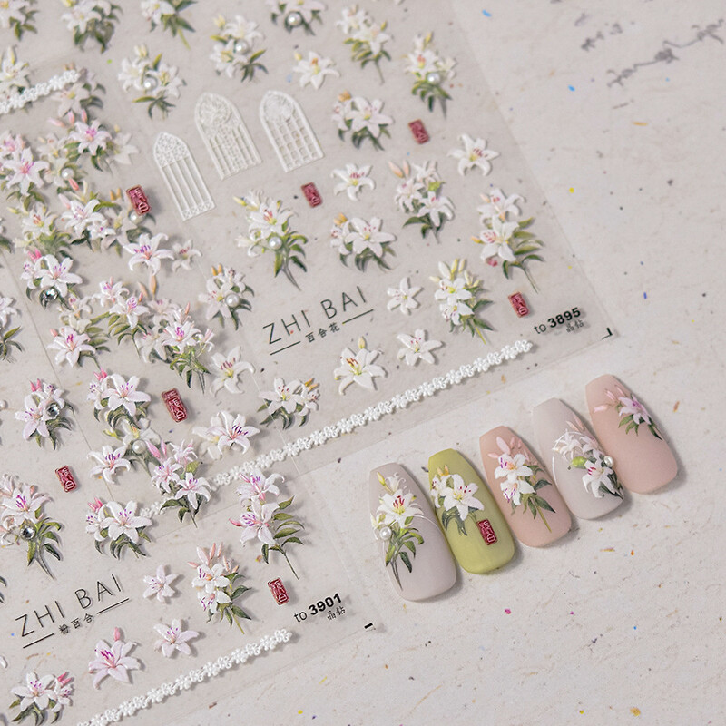 5D Kawaii Lily naljepnice za nokte 1kom Japanski ružičasto bijeli cvijet s dijamantom Samoljepljive naljepnice za nokte klizači DIY
