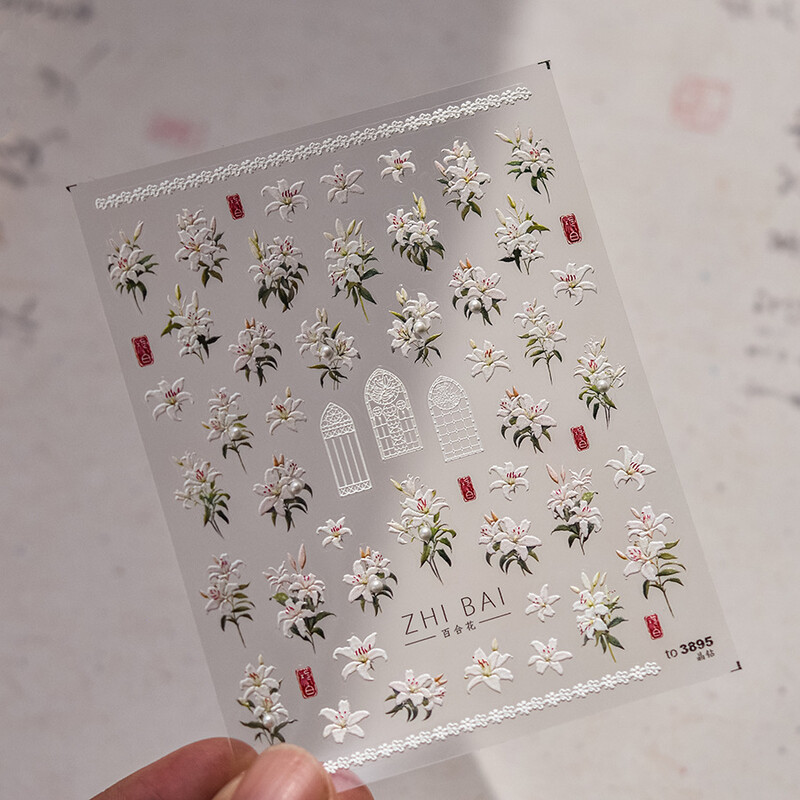 5D Kawaii Lily naljepnice za nokte 1kom Japanski ružičasto bijeli cvijet s dijamantom Samoljepljive naljepnice za nokte klizači DIY