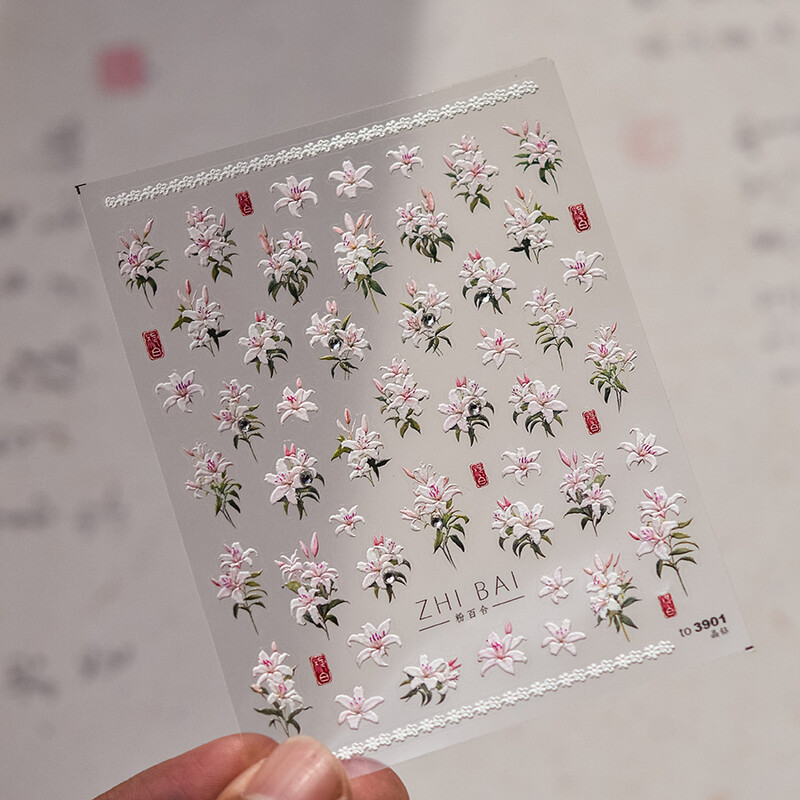 5D Kawaii Lily naljepnice za nokte 1kom Japanski ružičasto bijeli cvijet s dijamantom Samoljepljive naljepnice za nokte klizači DIY