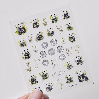 1 buc 5D în relief chinezesc Kawaii bambus evantai autocolante de artă pentru unghii panda de desene animate unghii decorațiuni autoadezive decalcomani accesorii bricolaj