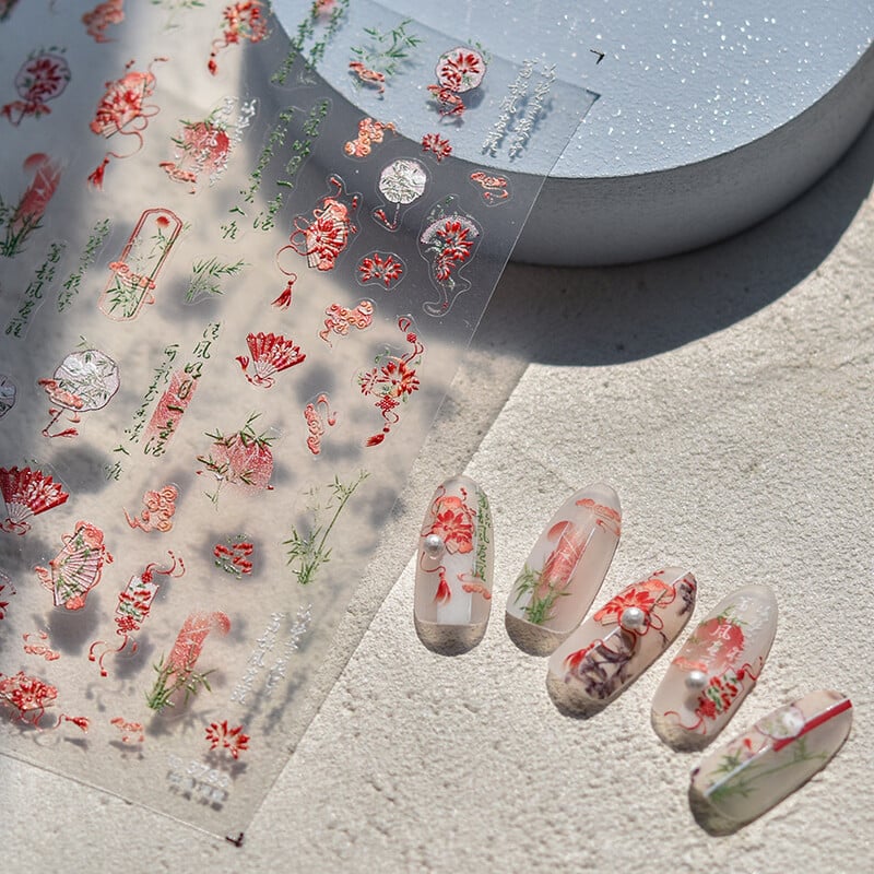 1 buc 5D în relief chinezesc Kawaii bambus evantai autocolante de artă pentru unghii panda de desene animate unghii decorațiuni autoadezive decalcomani accesorii bricolaj