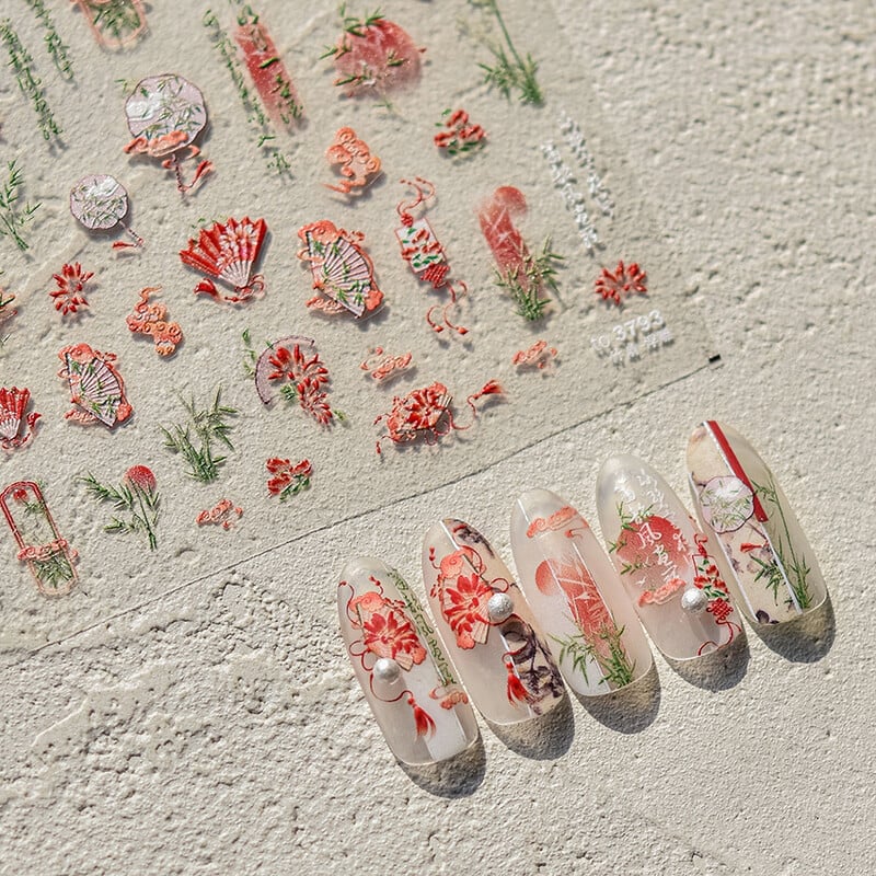 1 buc 5D în relief chinezesc Kawaii bambus evantai autocolante de artă pentru unghii panda de desene animate unghii decorațiuni autoadezive decalcomani accesorii bricolaj