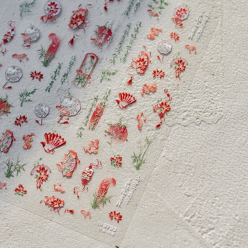 1 buc 5D în relief chinezesc Kawaii bambus evantai autocolante de artă pentru unghii panda de desene animate unghii decorațiuni autoadezive decalcomani accesorii bricolaj