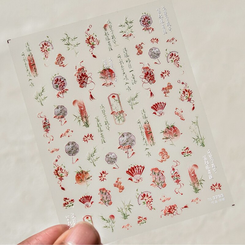 1 buc 5D în relief chinezesc Kawaii bambus evantai autocolante de artă pentru unghii panda de desene animate unghii decorațiuni autoadezive decalcomani accesorii bricolaj